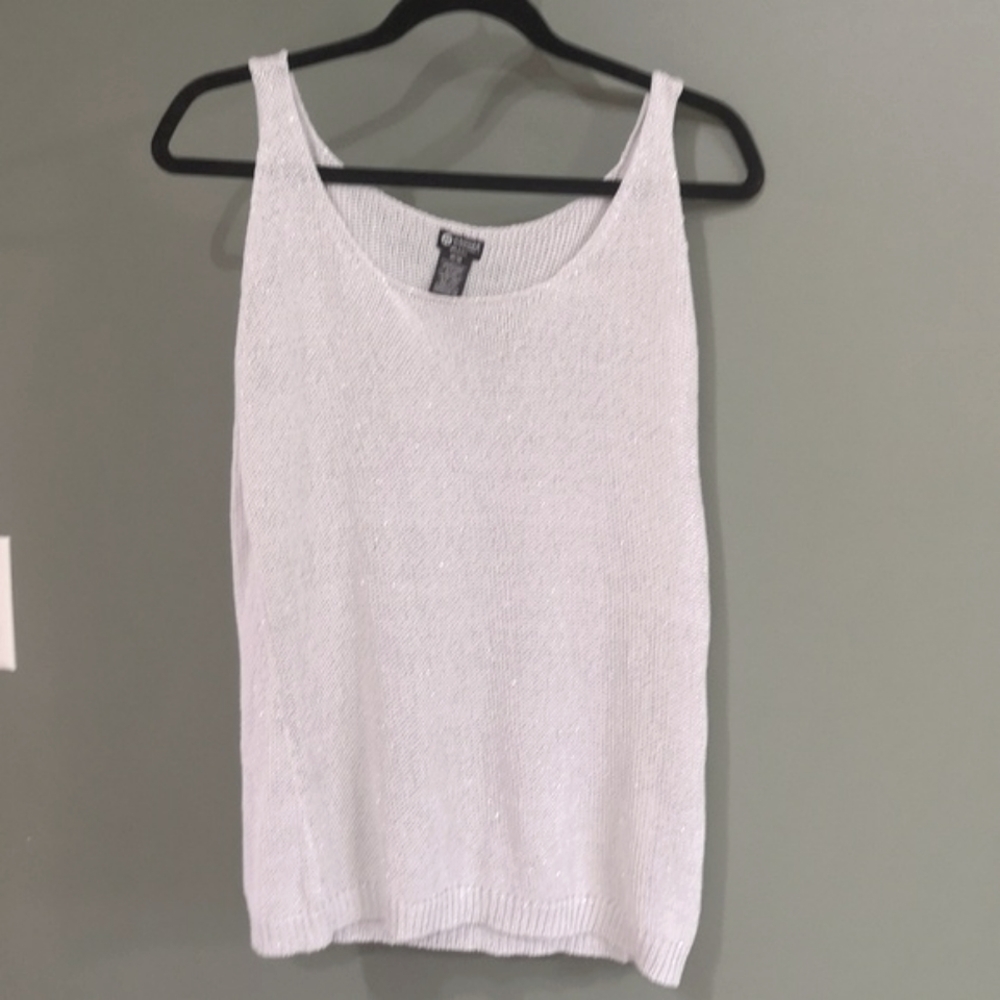 Haggar Petite Neutral Metallic Knit Sleeveless Top Sz M Soft Grey Silver